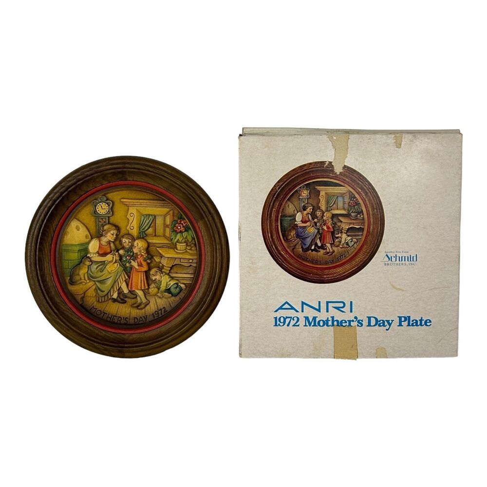 Vintage 1972 Anri Farrandiz  MOTHER'S DAY Wooden Carved Plate 9" #1529 With Box